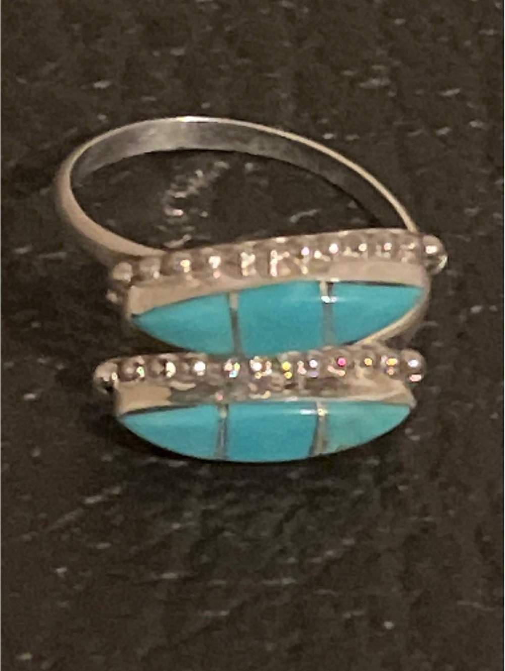 Zuni handmade sterling silver turquoise ring size 7.5-8 inlay